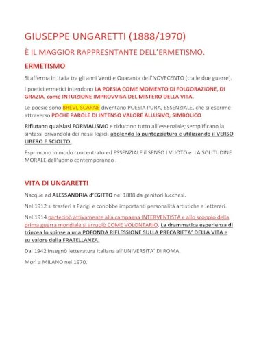 Giuseppe Ungaretti 1888 1970 Scuola Giuseppe Ungaretti 1888 1970 Ø£Ë† Il Maggior Rappresntante Pdf Document